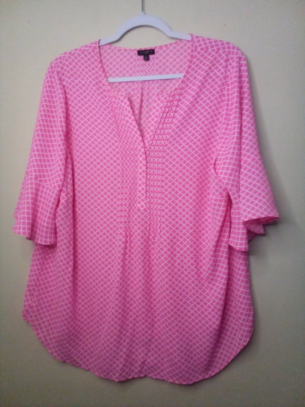Talbots Blouse Women 1X Short Bell Sleeve Pattern Pink